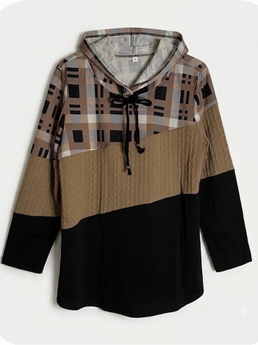 Colorblock Lightweight Hooded Sweatshirt Type Womenβs L Black Tan Plaid